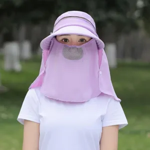 Lavender sun protection hat with full face shield and neck cover for outdoor summer cycling.