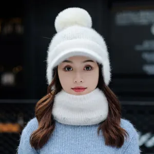 Conjunto de gorro y bufanda de punto de invierno para mujer, gorro esponjoso con orejeras.