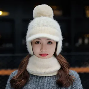 Gorro de punto cálido de invierno para mujer con orejeras y bufanda pompón acogedor suave