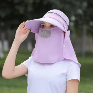 Summer anti-UV sun protection hat with detachable face cover and large brim in light purple.