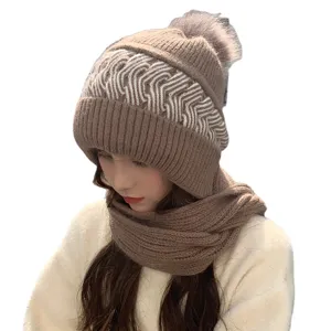Women winter thick warm knitted hat and scarf set cute beanie cap with soft pompom.