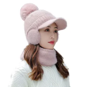 Mujer invierno cálido gorro de punto beanie con pompón visera orejeras y calentador de cuello rosa