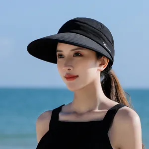 Women sun visor hat empty top summer anti UV wide brim outdoor beach sunhat black