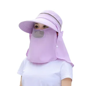 Summer anti-UV sun hat with removable face mask neck flap breathable mesh purple women