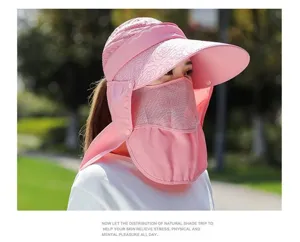 Pink full face sun protection hat for women, breathable outdoor cycling and fishing cap.