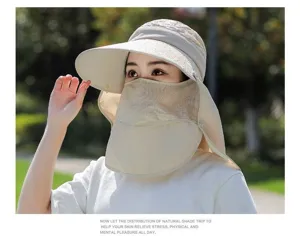 Detailed view of women's full-face sun protection hat, breathable summer outdoor sun visor cap.