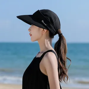 Women summer empty top sun visor hat, UV protection wide brim outdoor beach cap in classic black.