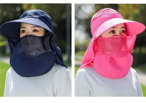 Summer full face sun protection hat detail, breathable mesh face cover and neck flap design.