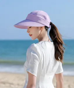 Womens summer sun hat wide brim empty top UV protection outdoor beach hat purple