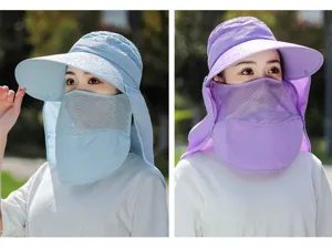 Women's full face sun protection hat with breathable mesh veil and neck flap for outdoor wear.