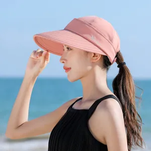 Women summer sun visor hat large brim empty top uv protection outdoor beach cap pink