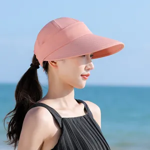 Pink women's sun visor hat, wide brim UV protection outdoor beach summer sun hat detail