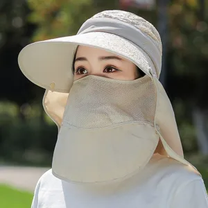 Women summer full face sun protection hat with breathable mesh shield neck flap beige
