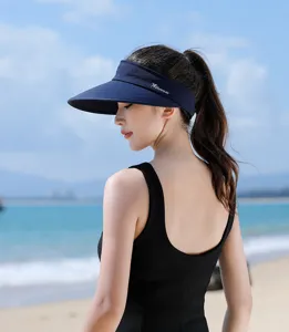 Close-up detail of the navy blue sun visor hat on the beach, highlighting the wide brim.