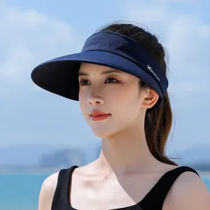 Dark blue wide-brim sun visor detail, open-top design for outdoor sun and UV protection.