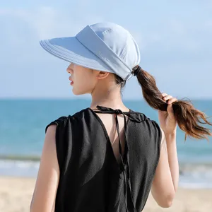 Women summer wide brim sun hat empty top UV protection outdoor beach visor blue cap.