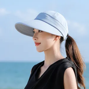 Lightweight blue sun visor hat for women, wide brim UV protection outdoor travel empty top cap.