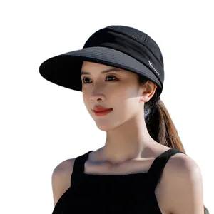 Women's Black Sun Visor Hat Empty Top UV Protection Large Brim Summer Outdoor