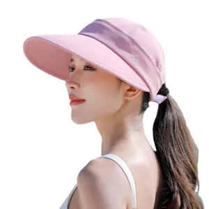 Women's pink wide brim sun visor hat empty top UV protection summer outdoor casual beach cap