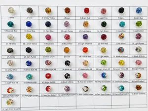 Color reference chart for 12mm clay rhinestone shamballa beads in 57 styles