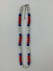 Red white and blue Shamballa disco ball necklace with adjustable silver chain