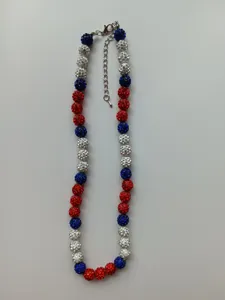 Red white and blue sparkling rhinestone clay bead necklace with adjustable chain
