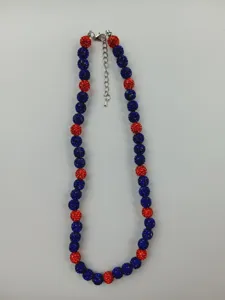 Shamballa style necklace featuring red and blue crystal disco ball beads with silver chain