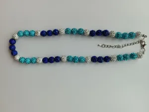 Handmade 12mm Shamballa disco ball rhinestone bead necklace in blue and white tone