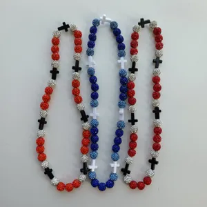Rhinestone disco ball bead rosary necklace set with cross charms for men and women stylish