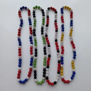 Colorful shamballa rhinestone clay bead necklaces detail, elastic multi-row beaded fashion jewelry.