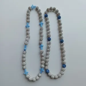 Long rhinestone beaded necklace with blue cross pendants, sparkling crystal ball fashion jewelry