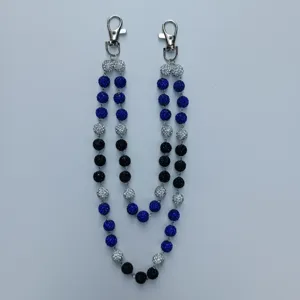 Detailed close-up of 12mm rhinestone disco ball chain with blue and black beads.