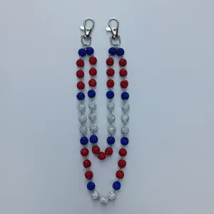 Close-up of 12mm red, white and blue rhinestone clay ball chain with metal lobster clasps
