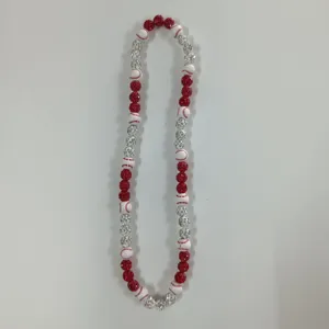 Red and silver sparkly beaded necklace with baseball pattern beads, stylish sports jewelry.