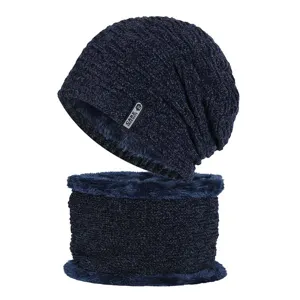 Men winter thick fleece lined knit beanie hat and neck warmer set for cold weather outdoor.