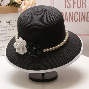 Chapeau de paille vintage perle camélia chapeau de soleil noir élégant chapeau de plage détails