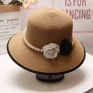 Chapeau de paille vintage français avec perles et camélias pour femmes protection soleil