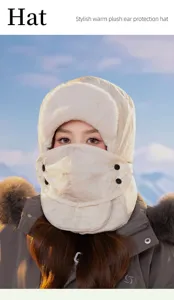 Detailopname van de warme pluche winteroorklep muts met geïntegreerd gezichtsmasker.
