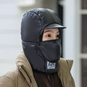 Winter warm trapper hat details, windproof earflap bomber cap with mask for skiing.