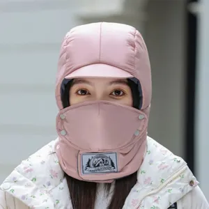 Pink winter warm trapper hat with ear flaps and face mask, windproof snow skiing cap for women