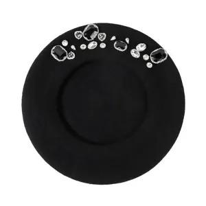 Black wool beret for women winter stylish hat with sparkling crystal rhinestone decor