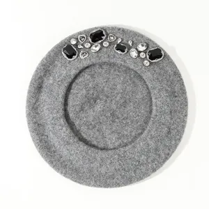 Elegant Solid Color Beret Hat With Handmade Rhinestone Decoration Warm Autumn Winter Round Top Brimless Beret Cap For Women