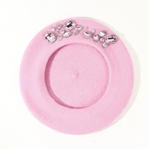 Pink wool beret for women, stylish winter hat embellished with sparkling crystal rhinestones.