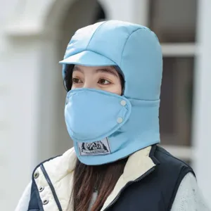 Detail view of the winter warm trapper hat with face mask, soft fleece lining for cold weather.