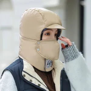 Winter warm trapper hat with ear flaps and face mask, windproof plush bomber hat for cold weather.