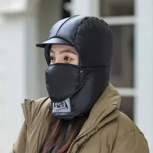 Winter Warm Cotton Blend Trapper Hat Soft Fleece Lined Windproof Ear Flap Bomber Hat With Face Mask For Outdoor Ski Cycling Women Men