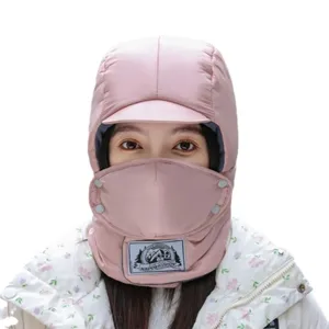 Winter warm trapper hat with face mask, plush thick windproof earflap cap for outdoor cycling.