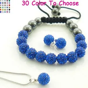 Royal blue Shamballa crystal jewelry set with bracelet, stud earrings and pendant necklace.