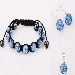 Shamballa Style Rhinestone Pave Bead Woven Bracelet Earrings Necklace For Women Fashion Handmade Bohemian Jewelry Set