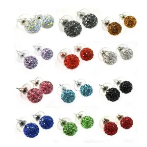 Set of 10mm colorful Shamballa clay ball stud earrings featuring sparkly pave rhinestones